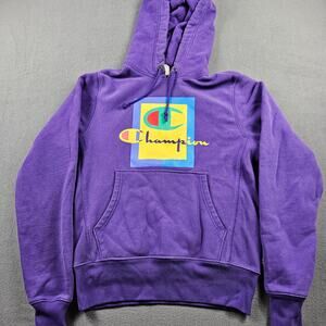 Champion Reverse Weave Hoodie Sweater Men's Small Purple Logo Print Ribbed
